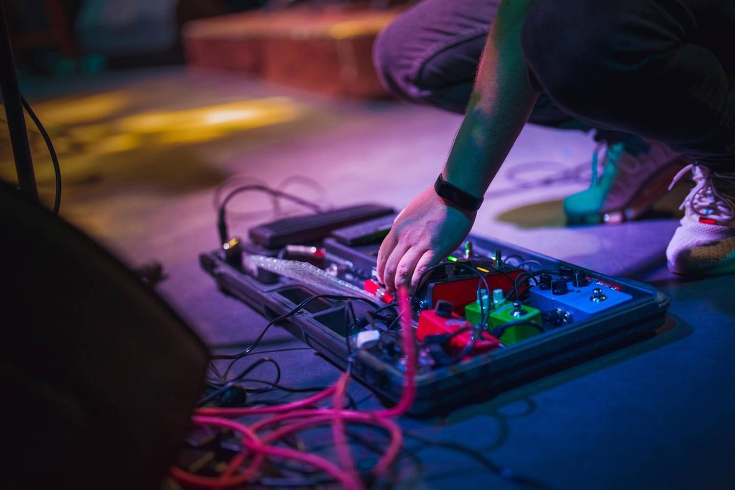 Guitar effect pedals on stage